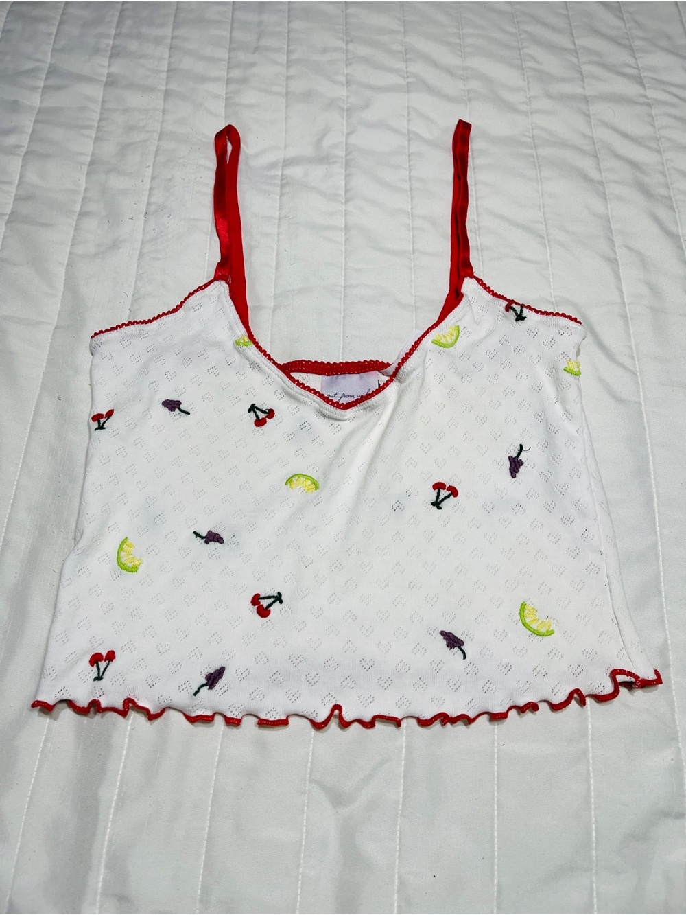 Urban Outfitters White Cami with Red Trim and Fruit Embroidery